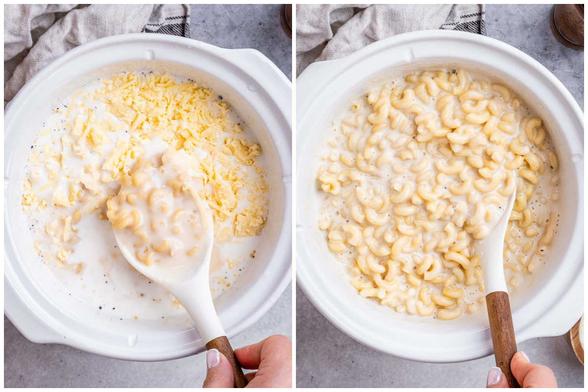 A hand stirring creamy mac and cheese inside a slow cooker with a wooden spoon, steam rising gently in a bright home kitchen