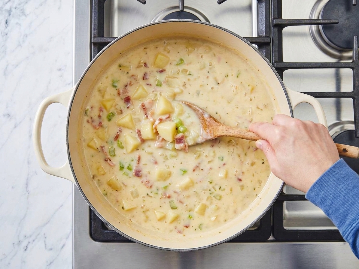 A hand stirring creamy potato soup in a Dutch oven on a stovetop with a wooden spoon