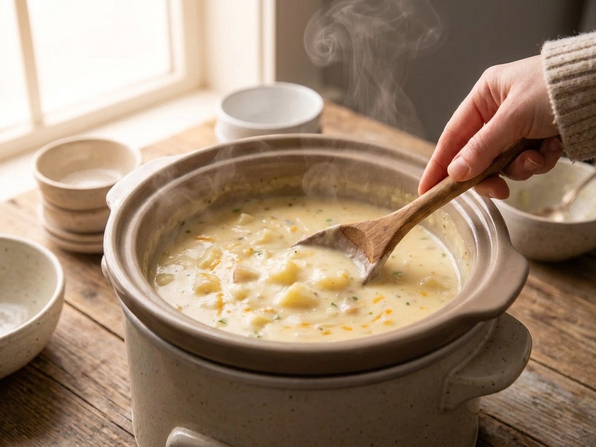 A hand stirring creamy potato soup inside a slow cooker with a wooden spoon, steam rising in a warm kitchen