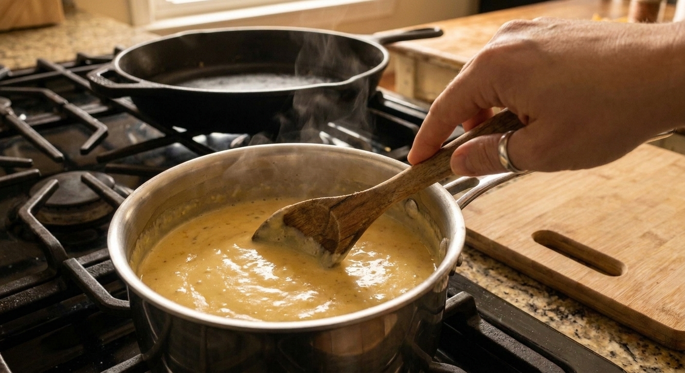A hand stirring creamy queso in a saucepan with a wooden spoon on a stovetop, showing a smooth glossy texture