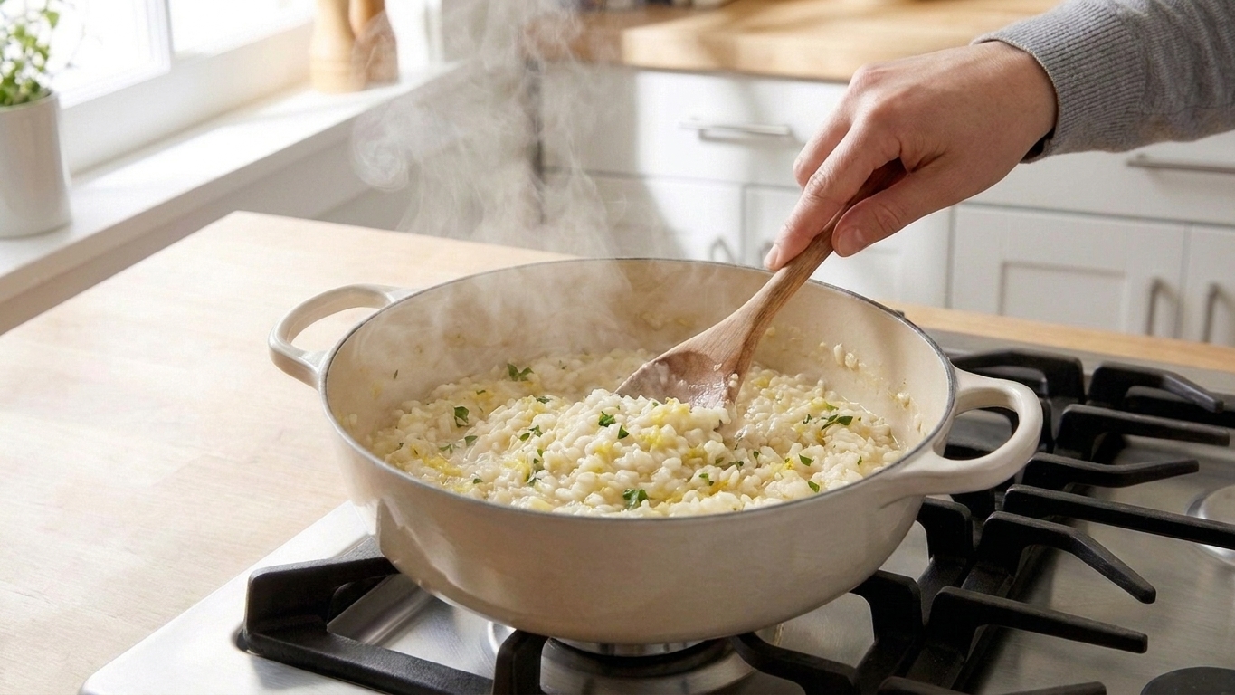A hand stirring creamy risotto in a pot with a wooden spoon as steam rises