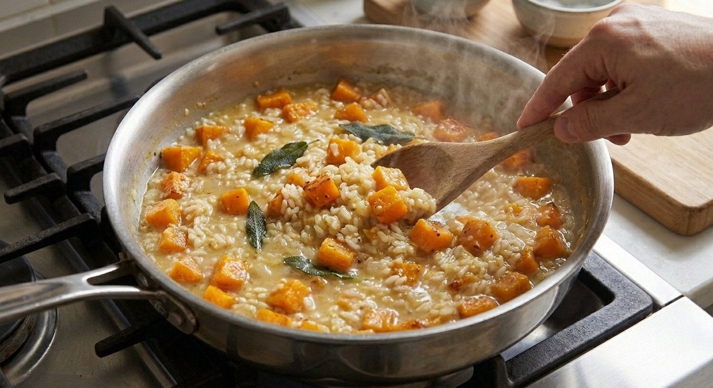 A hand stirring creamy risotto in a wide pan with a wooden spoon as steam rises on the stovetop