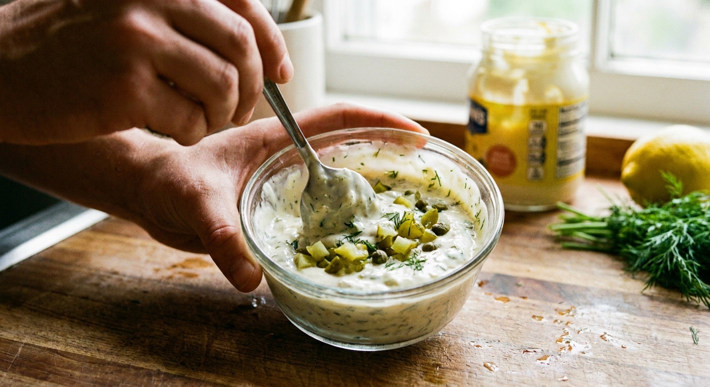 A hand stirring creamy tartar sauce in a small glass bowl with a spoon, chopped pickles and herbs visible, bright kitchen lighting