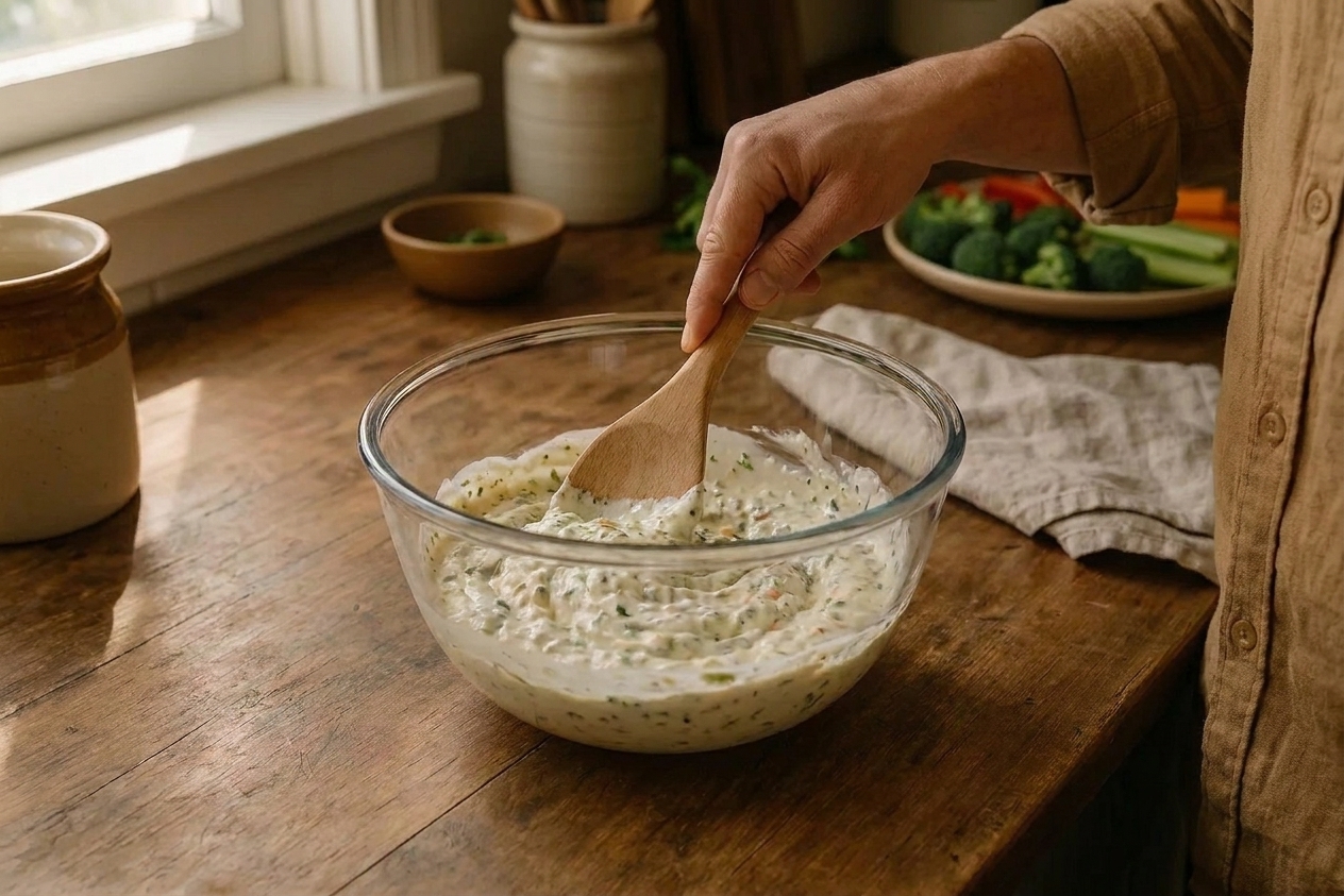 A hand stirring creamy vegetable dip in a white bowl with a spoon as the seasoning is incorporated