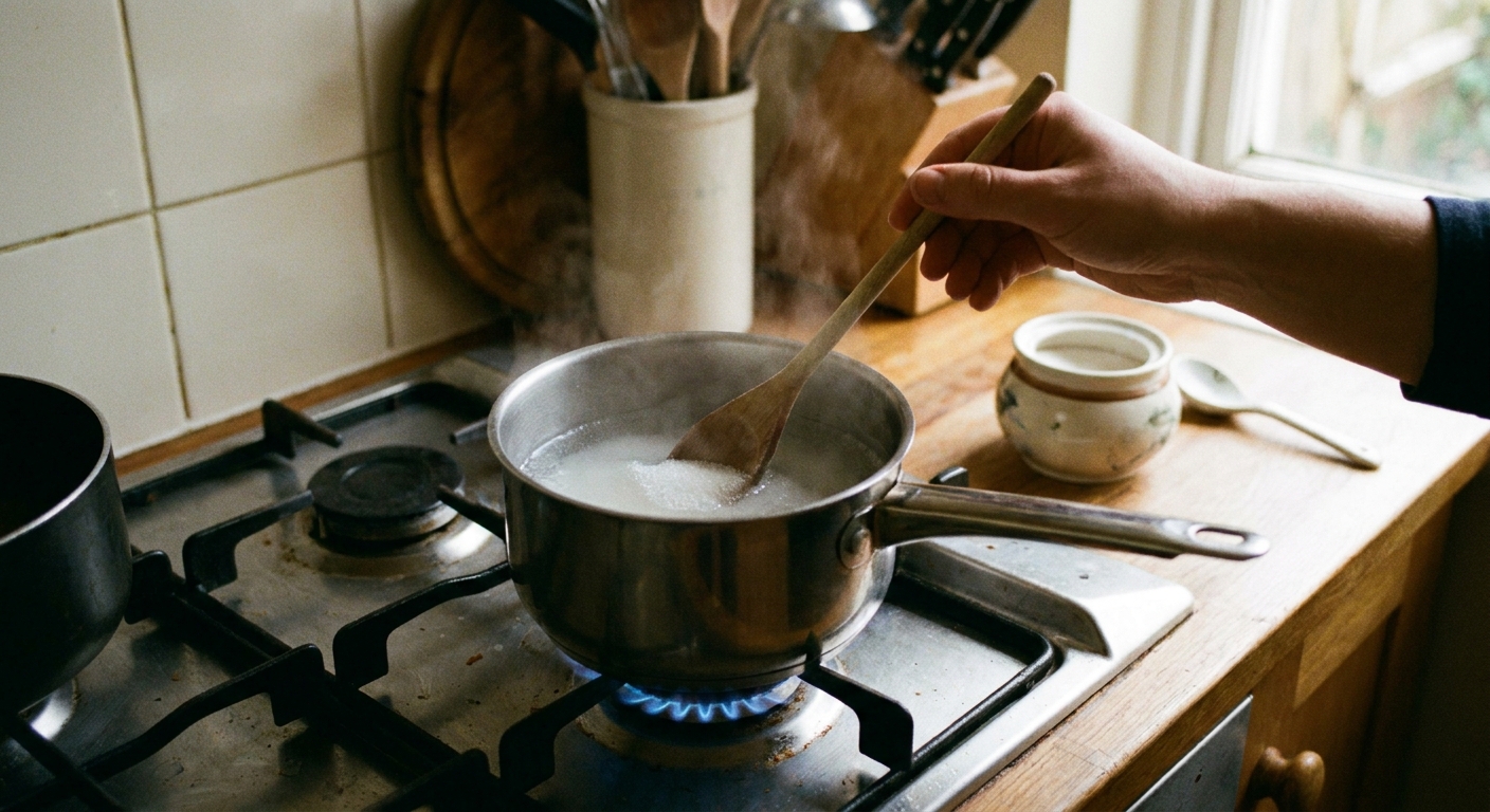 A hand stirring dissolved white sugar into a small saucepan of hot water on a home stove, realistic kitchen photo