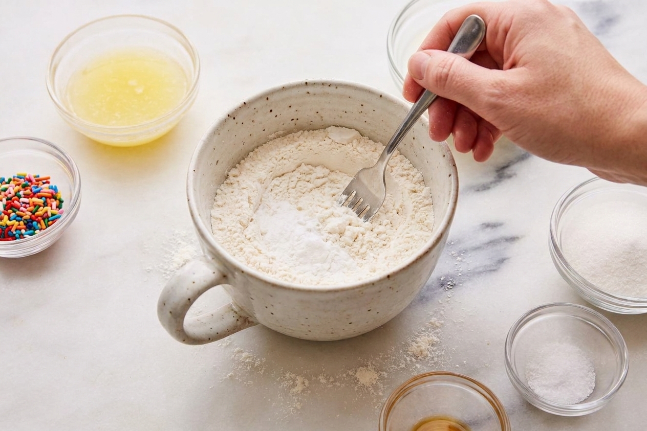 A hand stirring flour, sugar, and baking powder together in a large ceramic mug with a fork on a kitchen counter