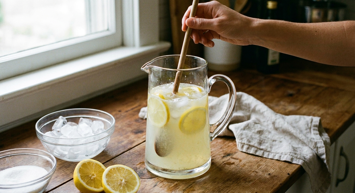 A hand stirring freshly made lemonade in a clear glass pitcher with a long spoon, lemon slices floating, ice nearby on a kitchen counter