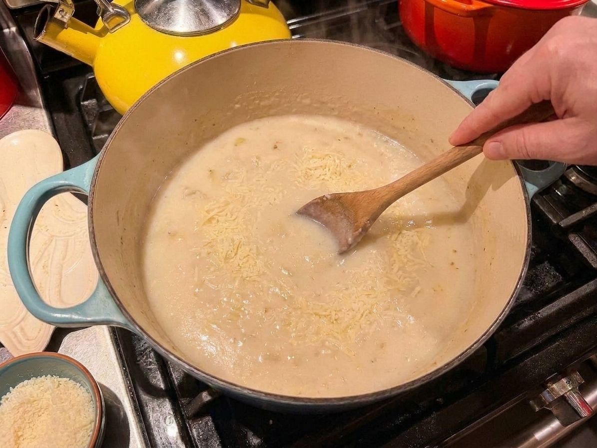 A hand stirring grated parmesan into a creamy soup base in a Dutch oven on the stovetop