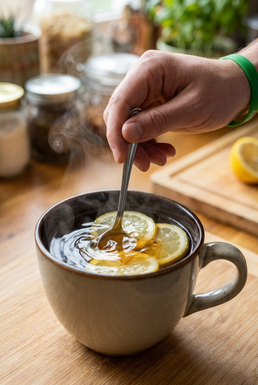A hand stirring honey and lemon in a mug with steam rising from hot water