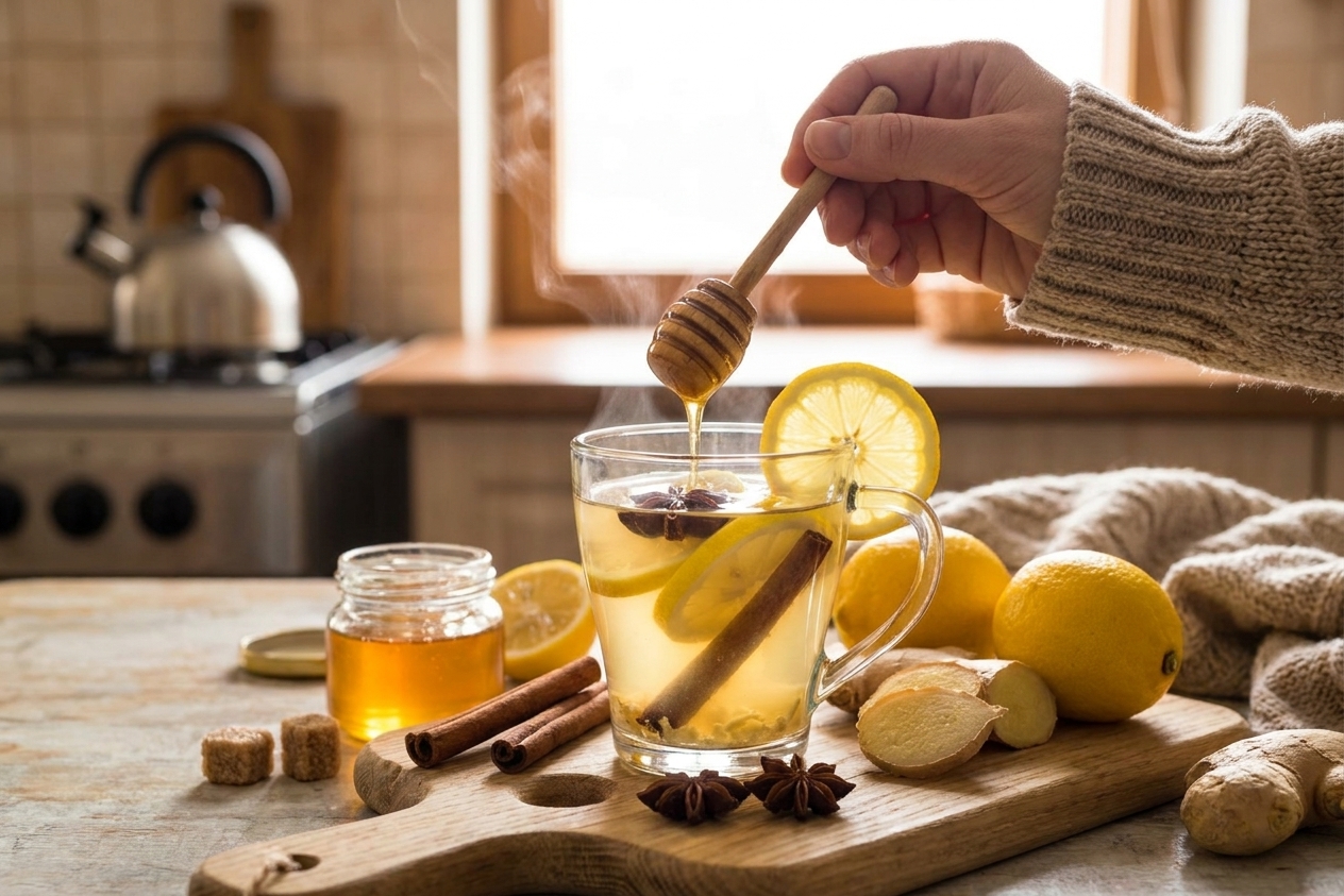 A hand stirring honey into a steaming mug of ginger tea with a lemon slice on the rim on a cozy kitchen counter