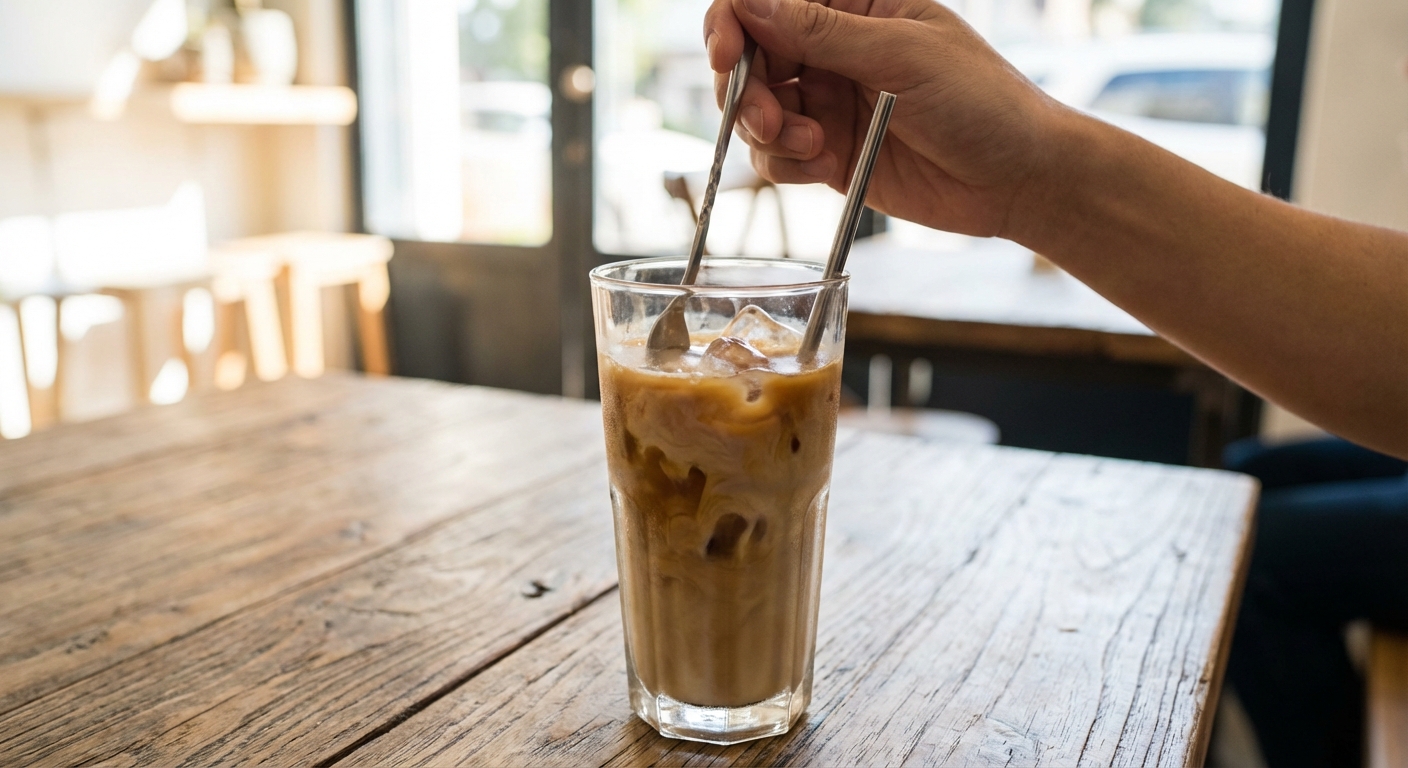A hand stirring iced coffee in a clear glass with ice cubes and a light swirl of cream