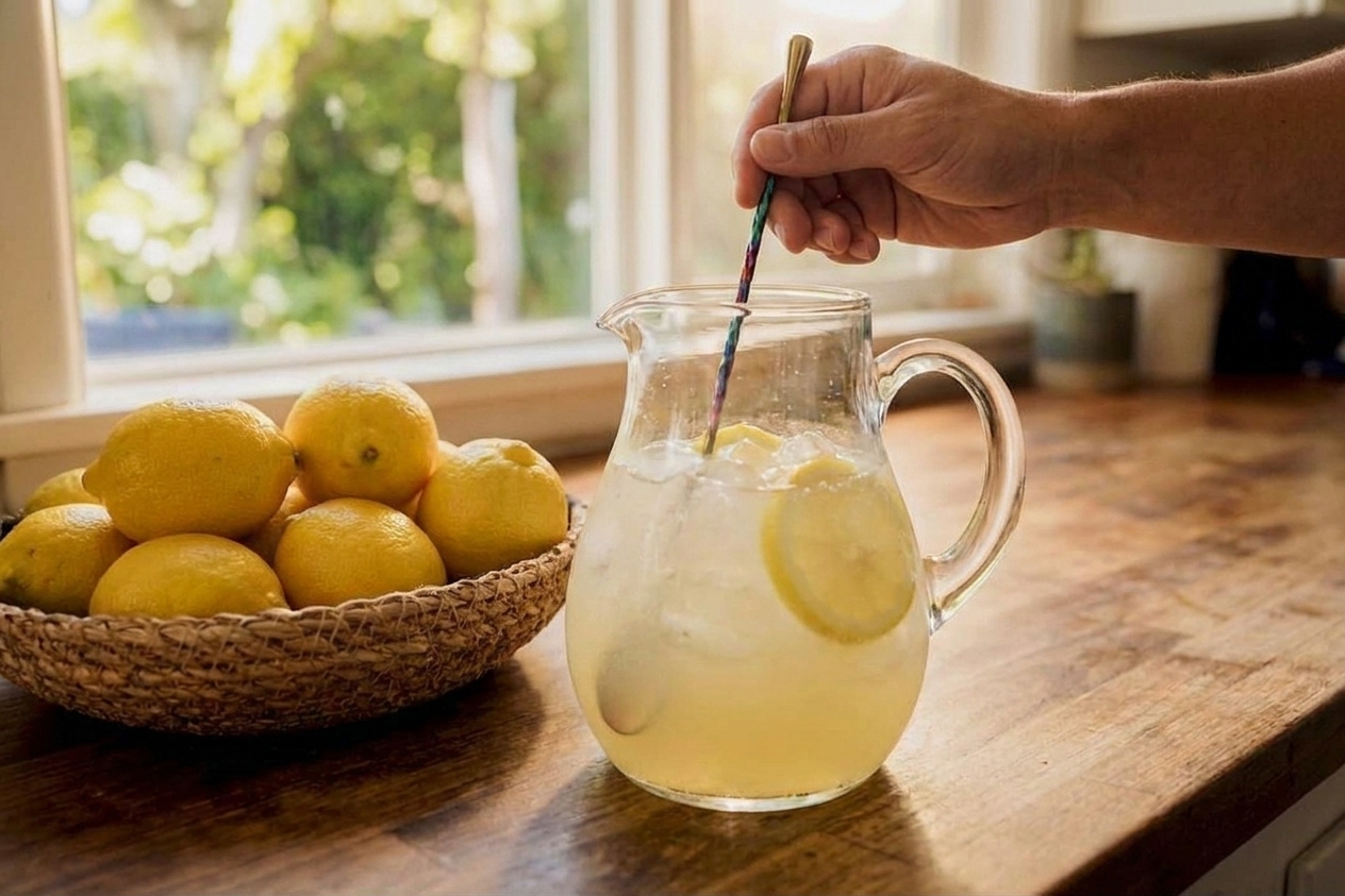 A hand stirring lemonade in a clear glass pitcher with a long spoon on a kitchen counter