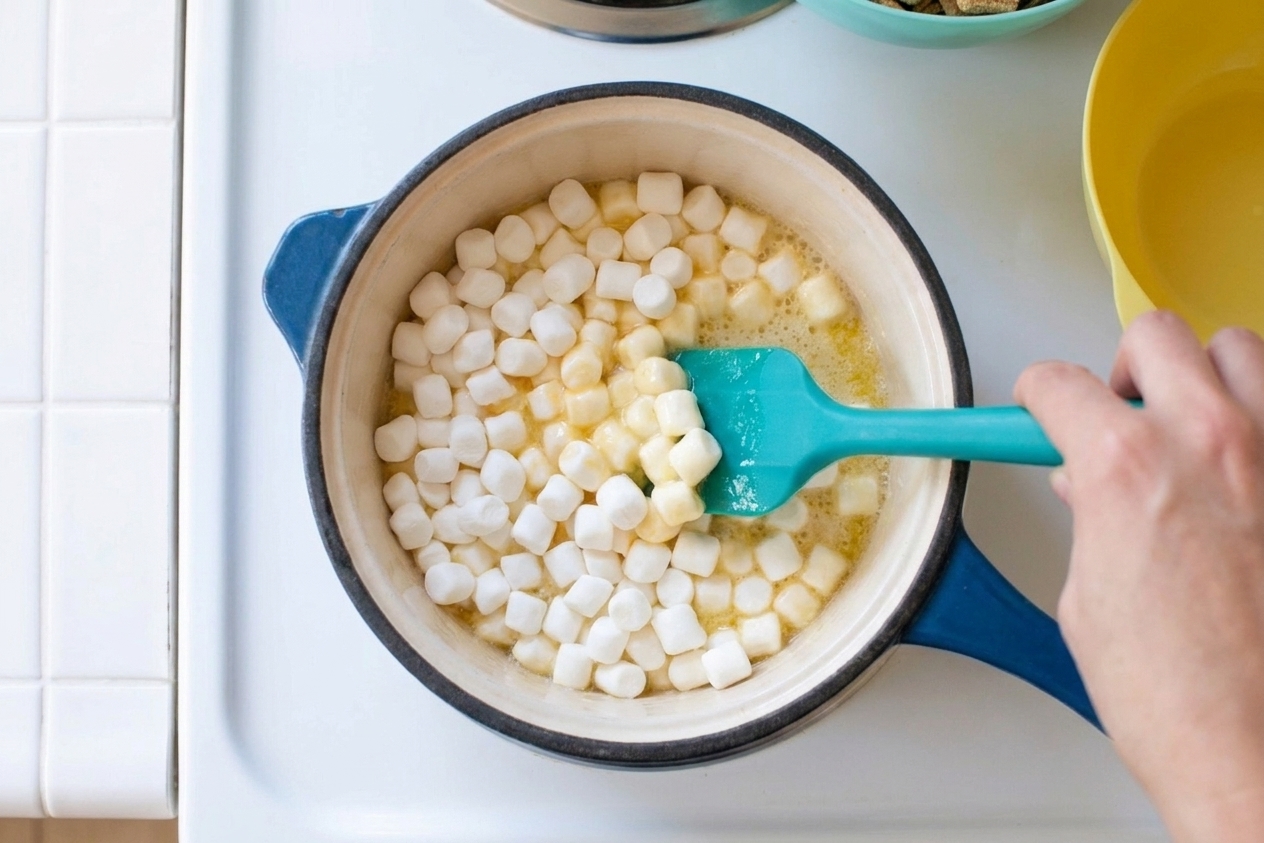 A hand stirring mini marshmallows into melted butter in a saucepan on the stove