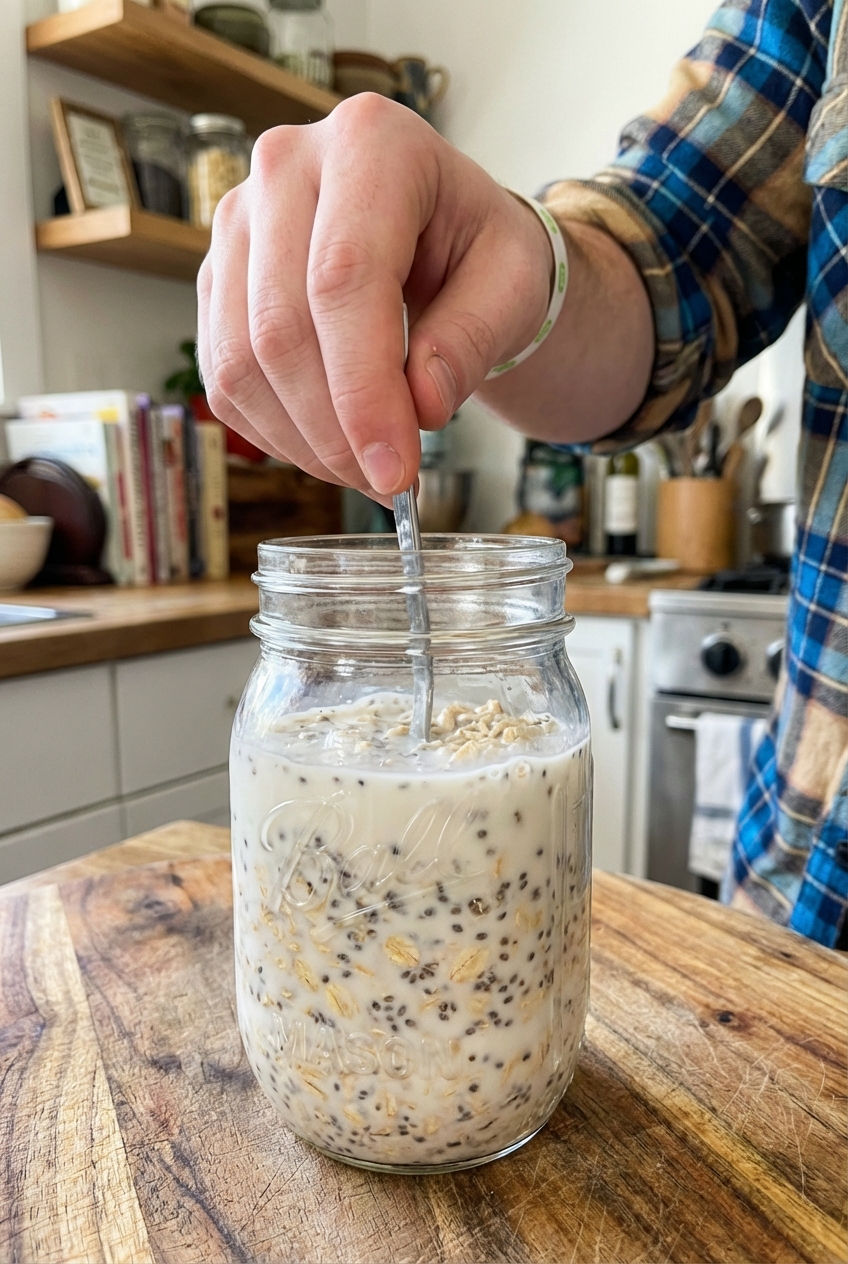A hand stirring oats, milk, and chia seeds in a mason jar with a spoon on a wooden cutting board