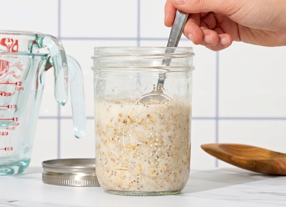 A hand stirring oats, milk, and yogurt together inside a glass jar with a spoon on a kitchen counter