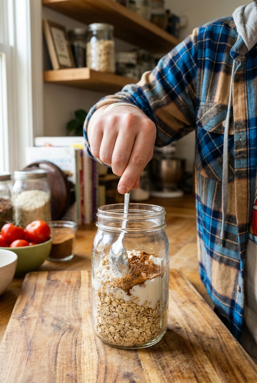 A hand stirring oats, yogurt, and spices in a mason jar on a wooden cutting board
