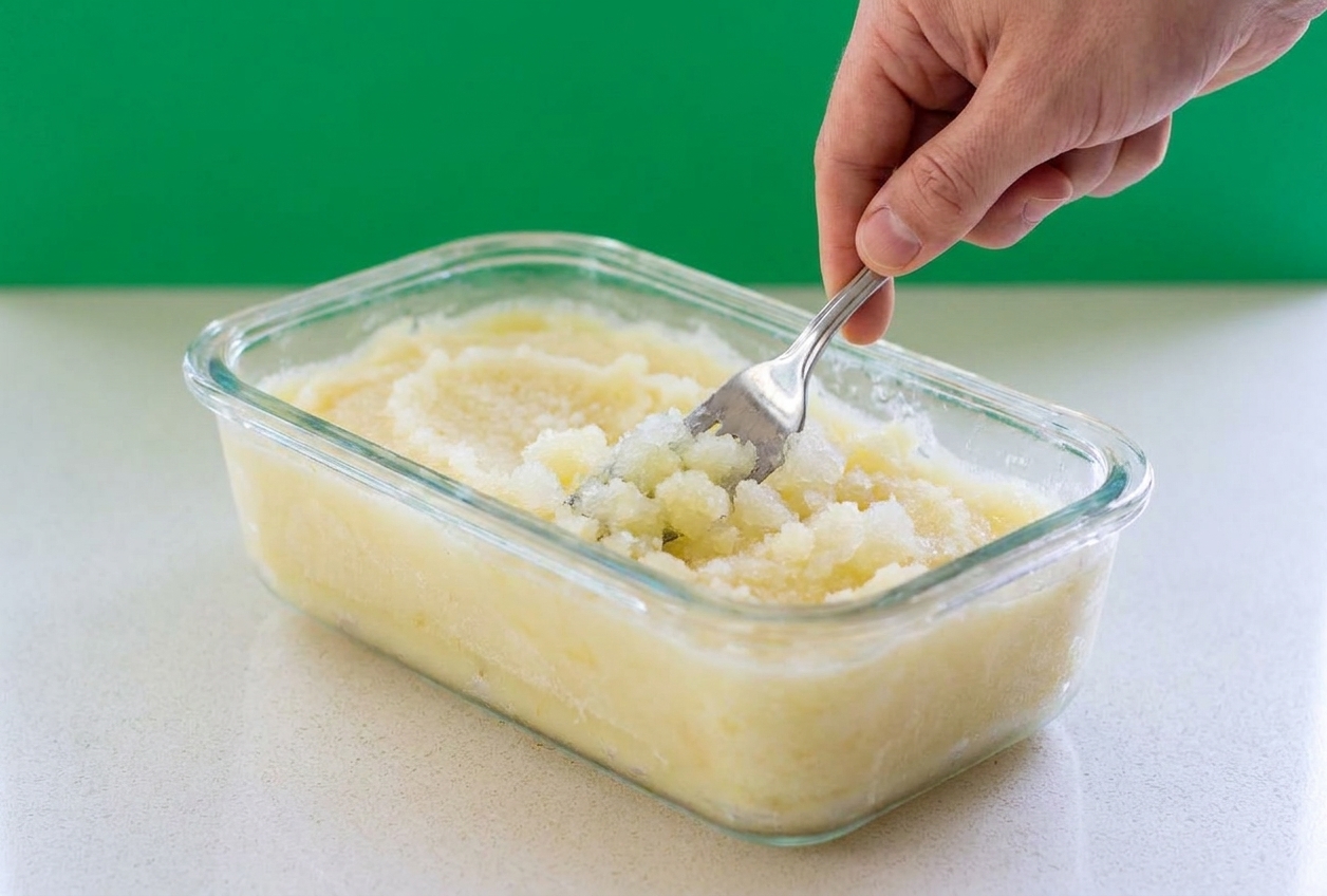 A hand stirring partially frozen lemon sorbet in a loaf pan with a fork, breaking up ice crystals on a kitchen counter