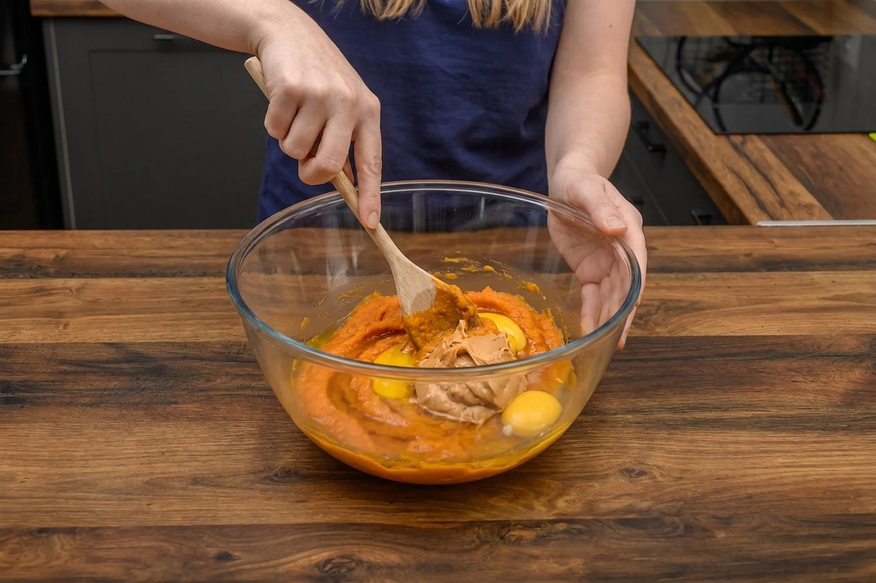 A hand stirring pumpkin puree, egg, and peanut butter together in a glass mixing bowl on a kitchen counter