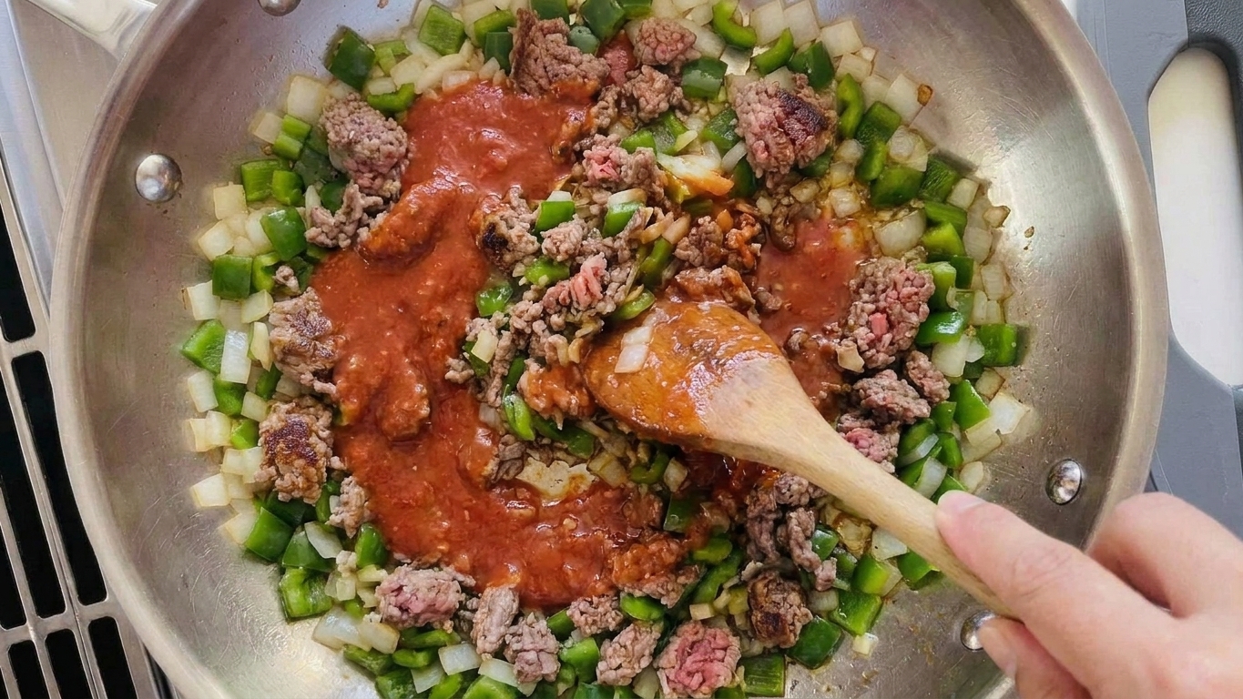 A hand stirring red sloppy joe sauce into browned meat in a skillet on the stove