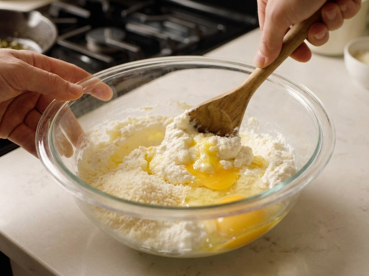 A hand stirring ricotta, egg, and cheese together in a mixing bowl on a kitchen counter