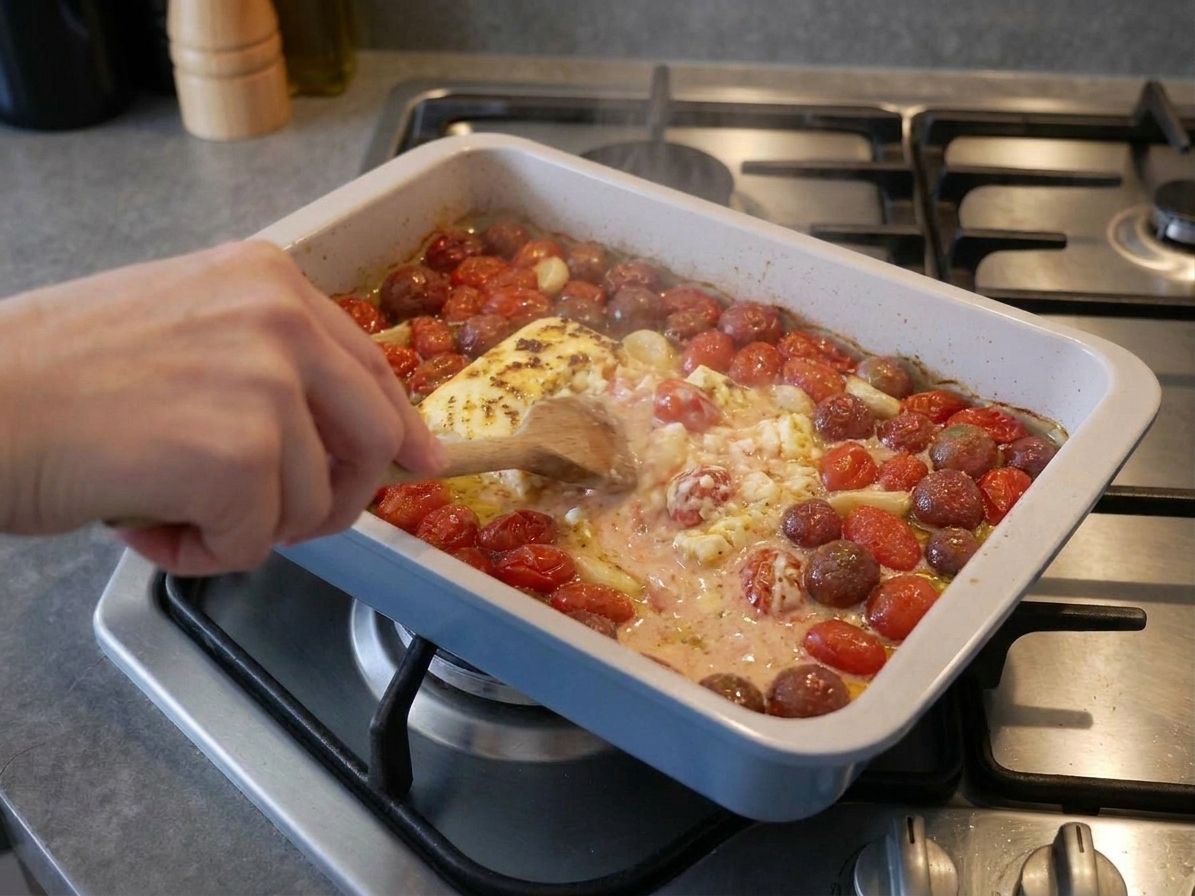 A hand stirring roasted feta and burst tomatoes in a baking dish as the sauce turns creamy and pink