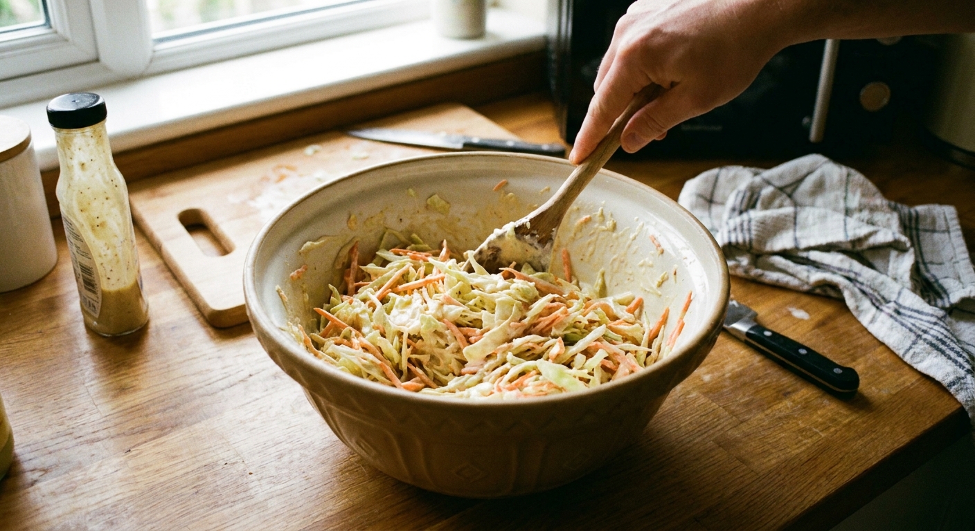 A hand stirring shredded cabbage and carrots with creamy dressing in a large mixing bowl on a home kitchen counter, candid realistic photo