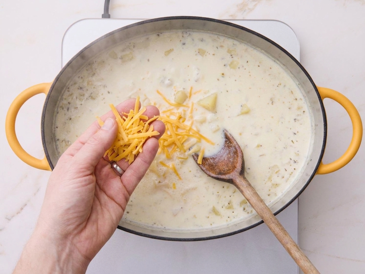 A hand stirring shredded cheddar into a creamy soup base in a pot on low heat