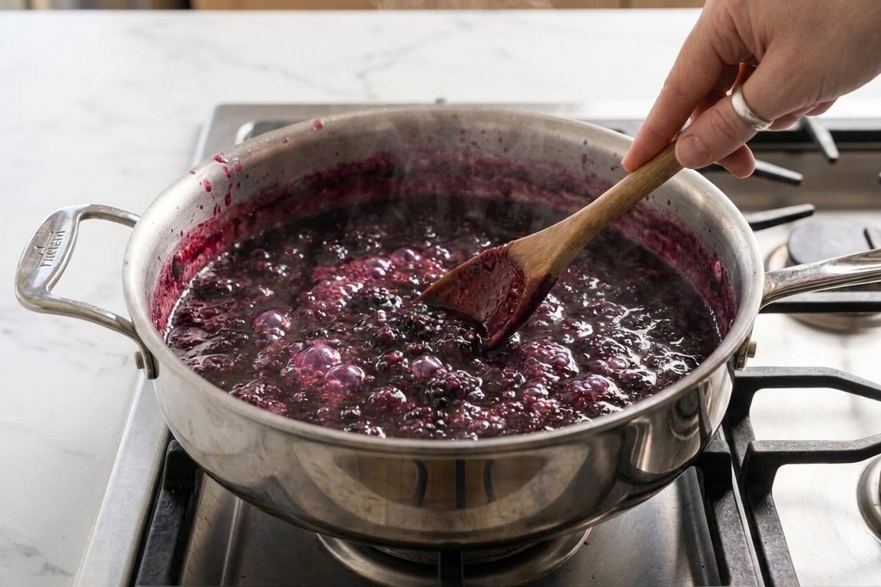 A hand stirring simmering blackberry jam with a wooden spoon in a wide pot on the stove, glossy purple bubbles forming