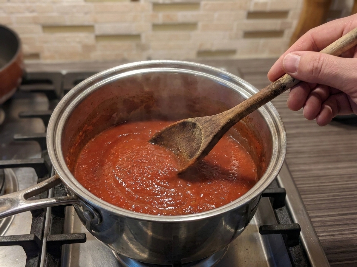 A hand stirring simmering homemade ketchup in a saucepan with a wooden spoon on the stovetop
