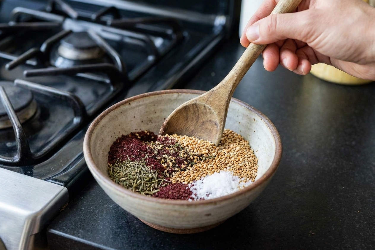 A hand stirring sumac, thyme, toasted sesame, and salt together in a small bowl on a kitchen counter
