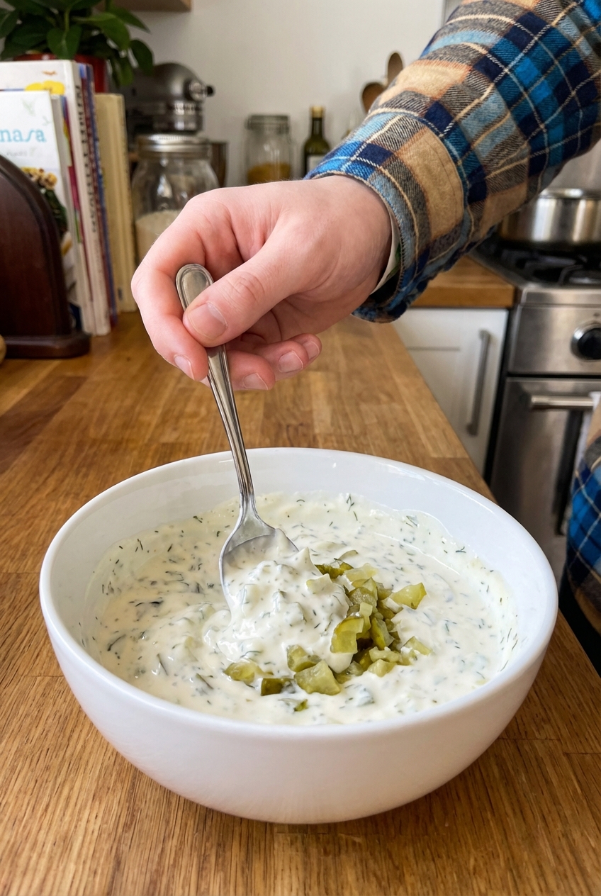 A hand stirring tartar sauce in a white bowl with a spoon on a kitchen counter