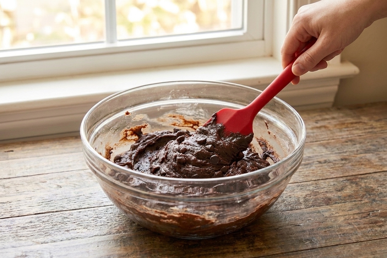A hand stirring thick brownie cookie dough in a glass bowl with a rubber spatula on a kitchen counter