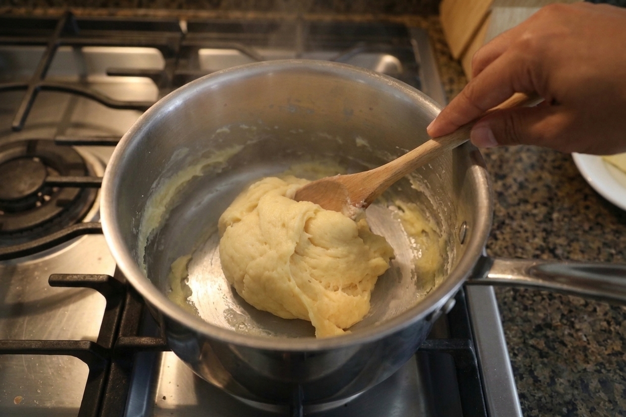 A hand stirring thick choux pastry dough in a saucepan on a stovetop with a wooden spoon, warm kitchen lighting