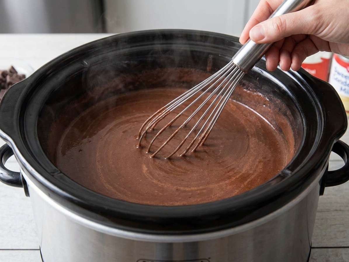 A hand stirring thick hot chocolate inside a slow cooker with a whisk, steam rising in warm kitchen lighting