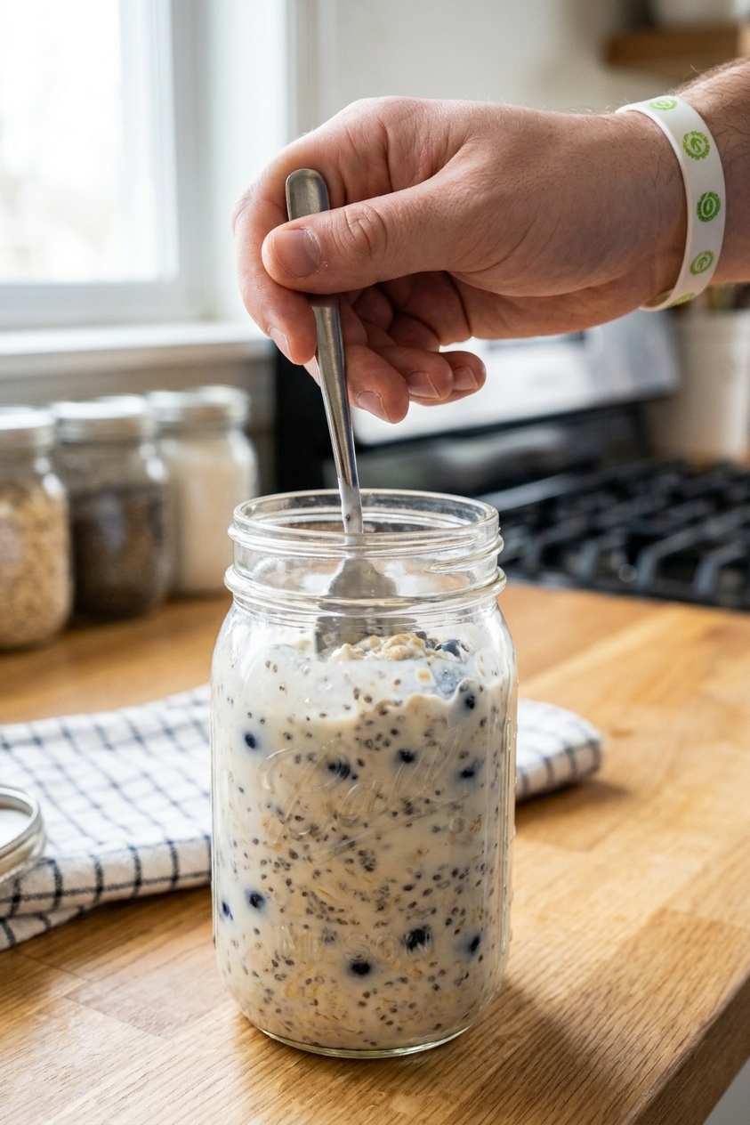 A hand stirring thick overnight oats with Greek yogurt in a mason jar using a spoon, close-up food photo