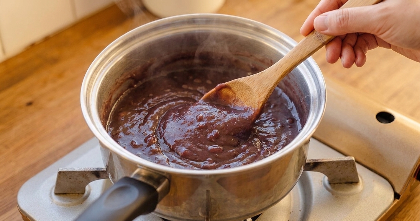 A hand stirring thick red bean paste in a pot with a wooden spoon as the paste becomes glossy and smooth