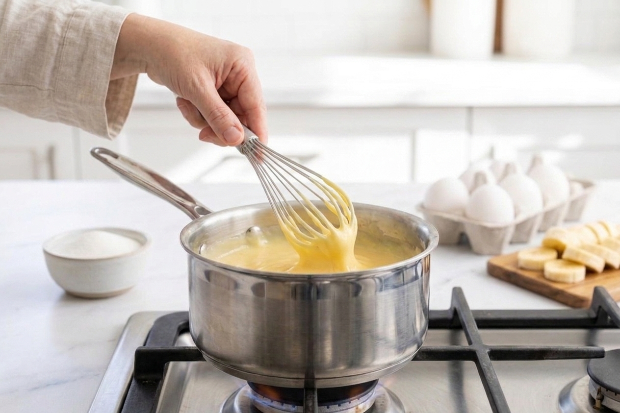 A hand stirring thick vanilla custard in a stainless steel saucepan on a stove