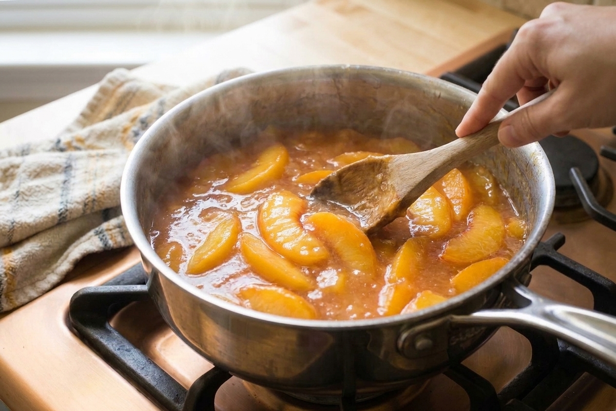 A hand stirring thickening peach pie filling with a wooden spoon in a saucepan on the stove