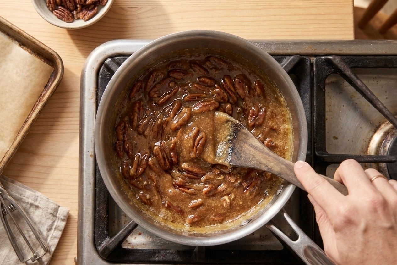 A hand stirring thickening praline mixture in a saucepan as it turns from glossy to slightly matte