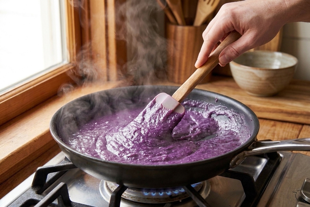 A hand stirring thickening ube halaya with a silicone spatula in a nonstick pan, steam rising