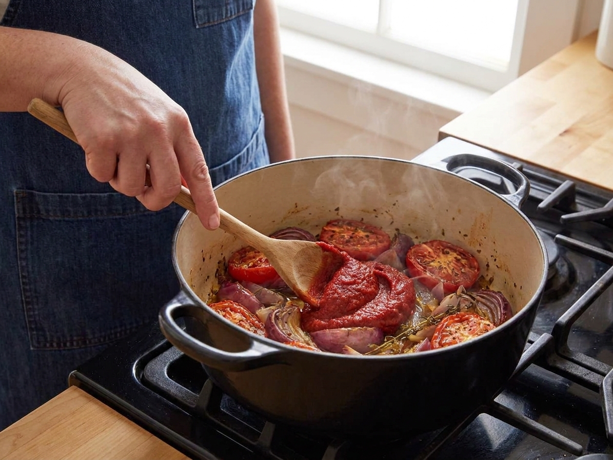 A hand stirring tomato paste into roasted tomatoes and onions in a large pot on the stove