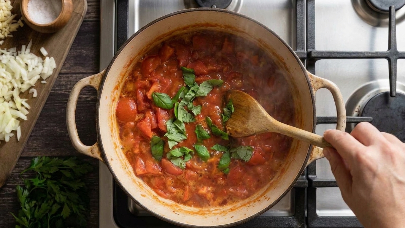 A hand stirring torn basil into a pot of thick tomato sauce with a wooden spoon on a home stove