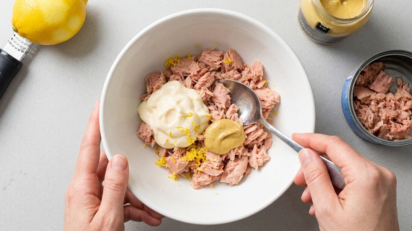 A hand stirring tuna with mayonnaise, Dijon mustard, and lemon zest in a mixing bowl on a kitchen counter