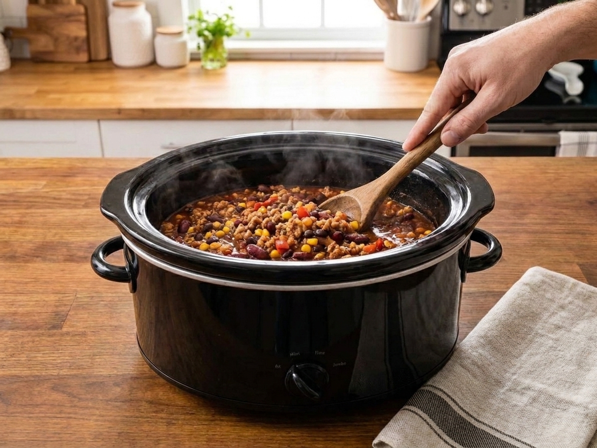 A hand stirring turkey chili inside a slow cooker with a wooden spoon on a kitchen counter