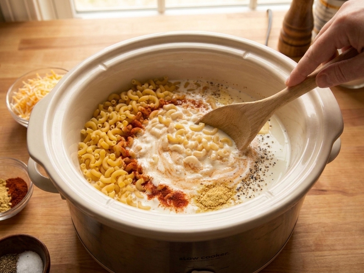 A hand stirring uncooked macaroni and creamy liquid in a slow cooker crock