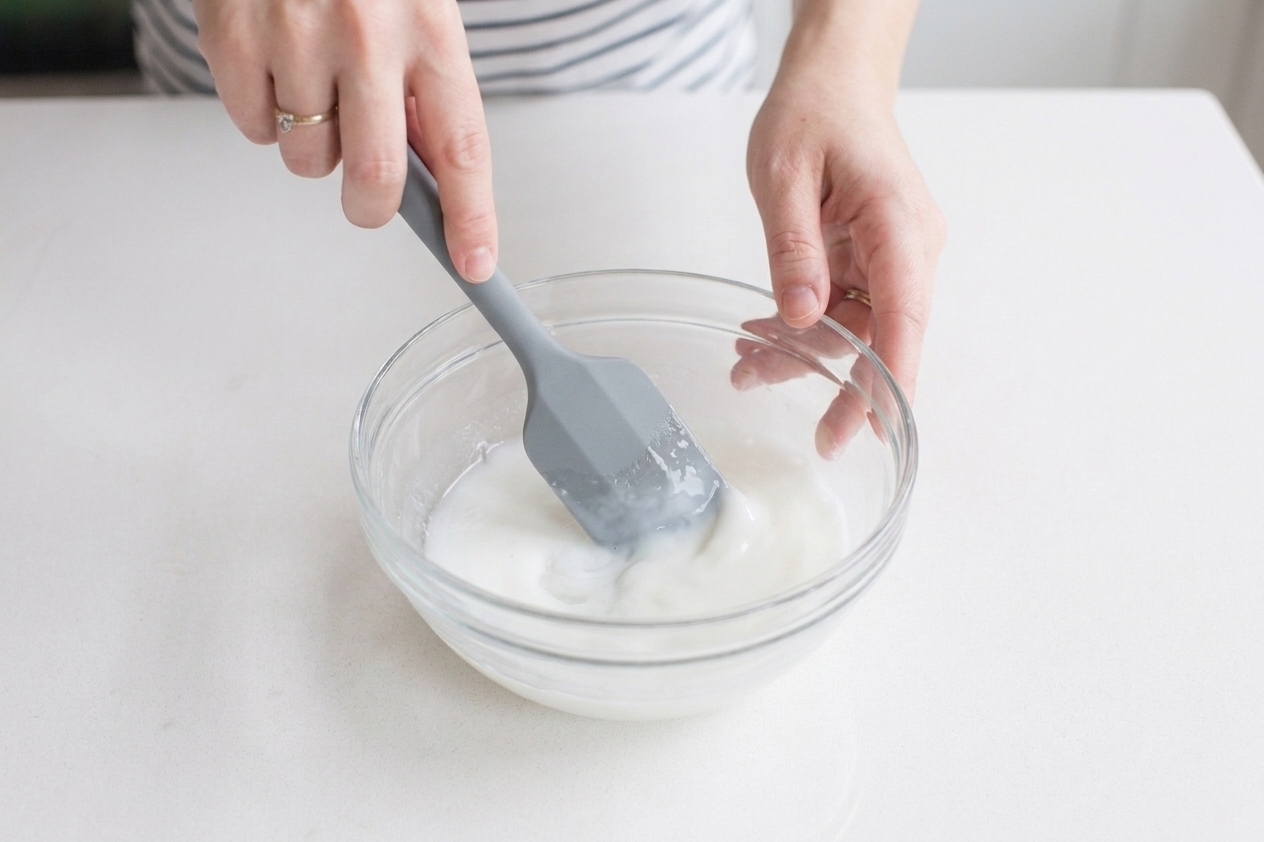 A hand stirring white school glue and warm water in a mixing bowl with a silicone spatula