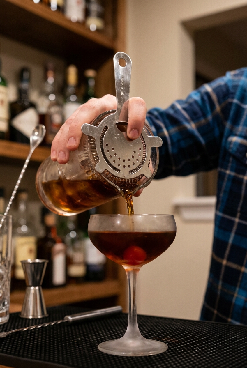 A hand straining a Manhattan cocktail into a chilled coupe glass through a cocktail strainer