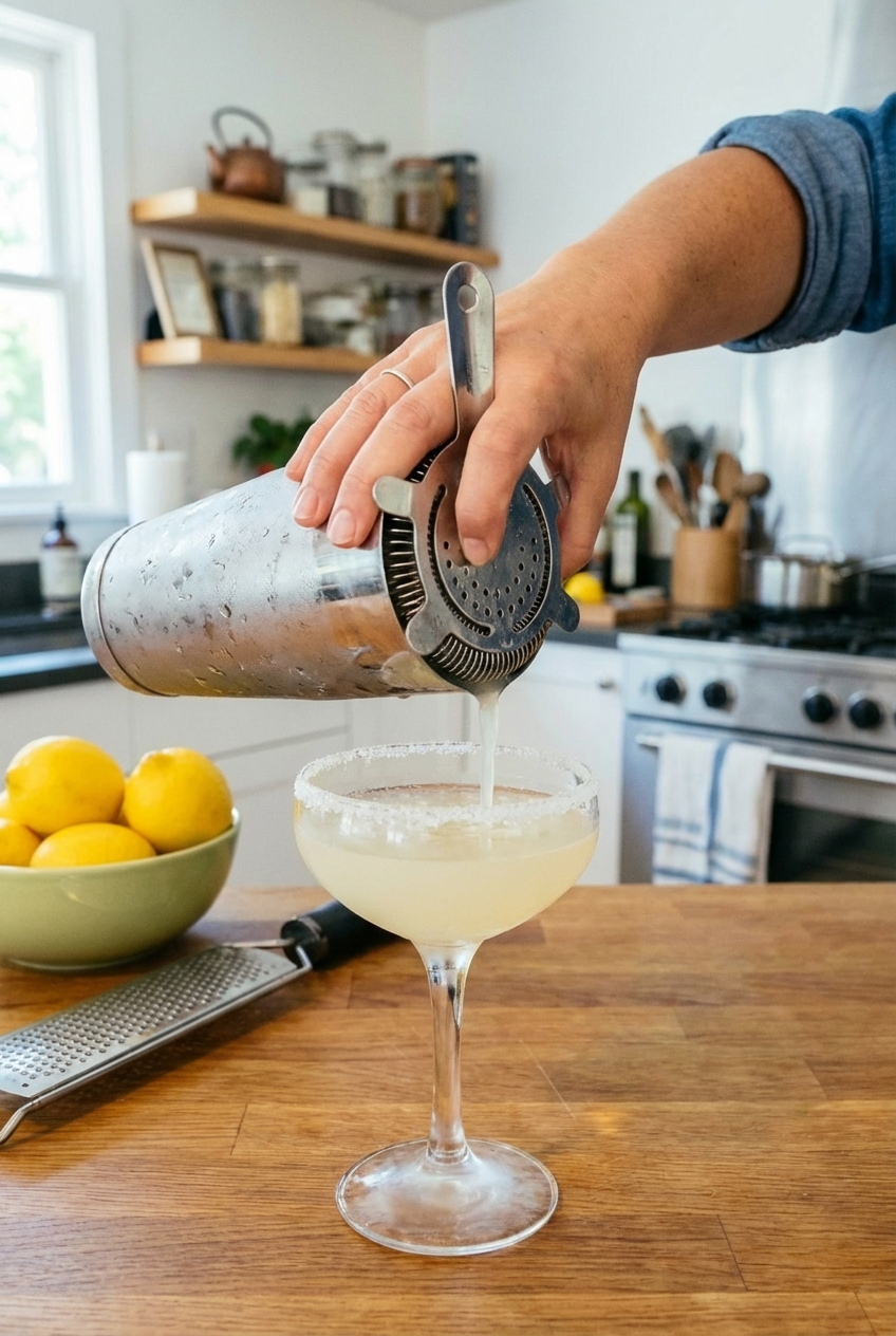 A hand straining a freshly shaken lemon drop martini into a chilled coupe glass
