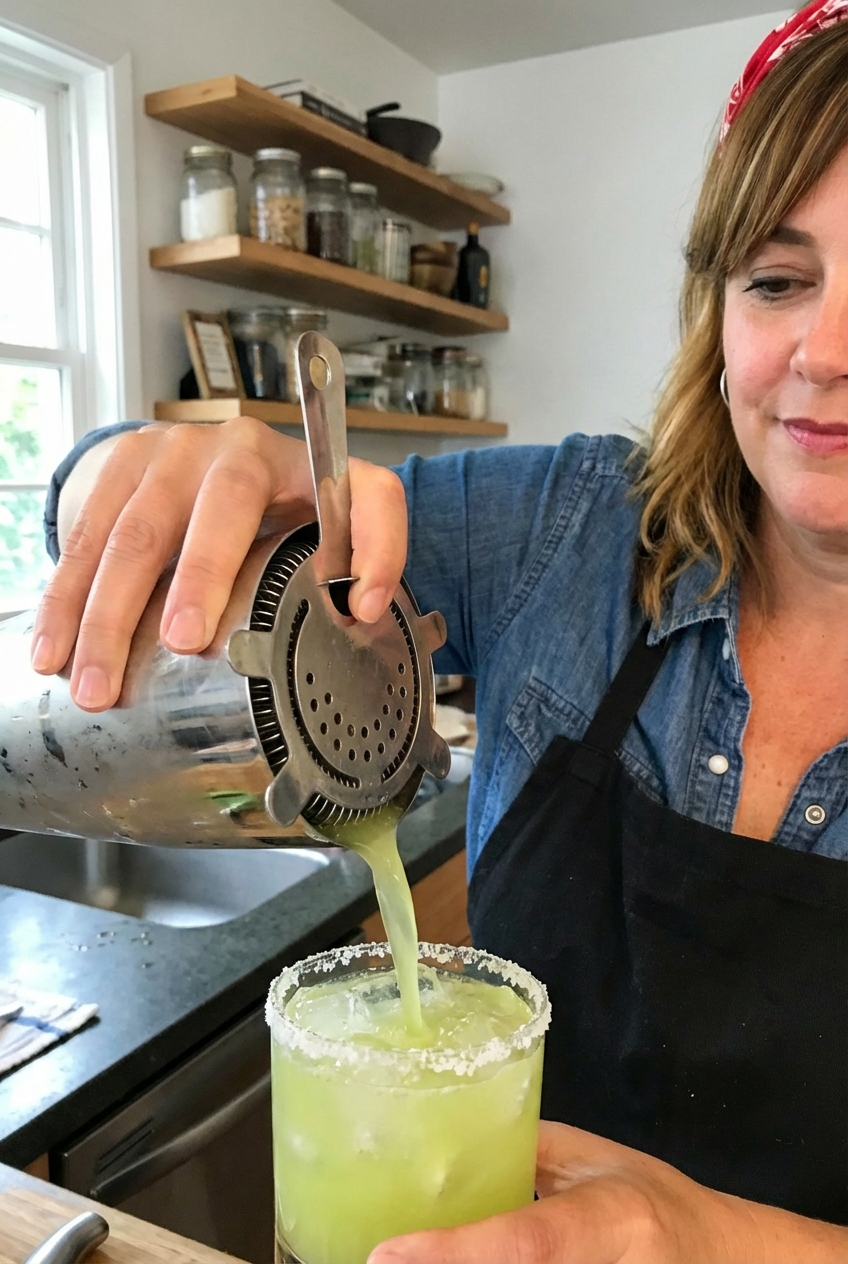 A hand straining a freshly shaken margarita from a cocktail shaker into a salt rimmed rocks glass filled with ice