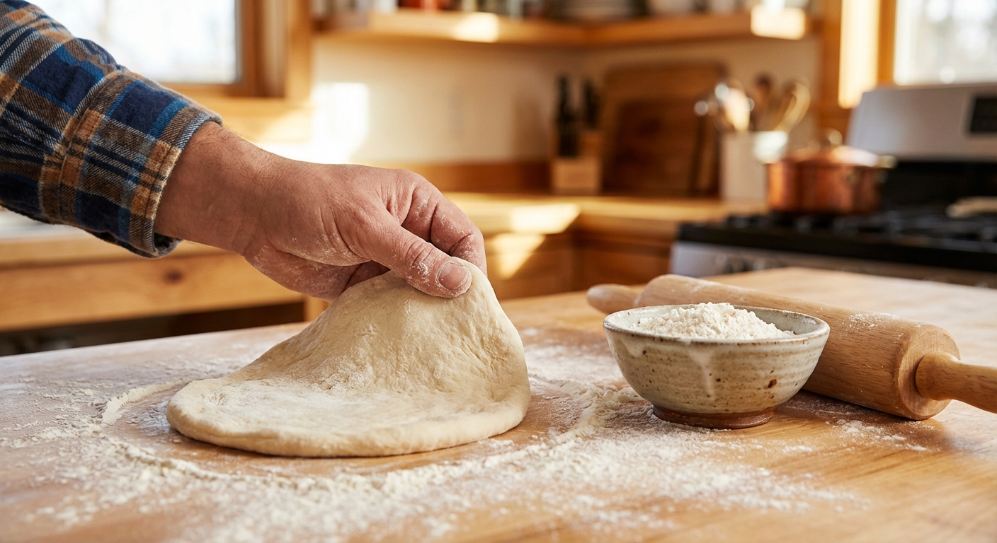 A hand stretching a round of fry bread dough on a floured countertop, with a small bowl of flour and a rolling pin nearby
